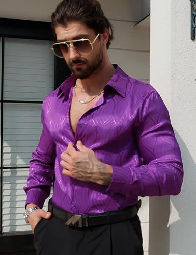 Miniatura 2 de ZSJR Camisa de vestir de satén metálico para hombre, de lujo, jacquard, de manga larga, informal, con botones, camisas de seda