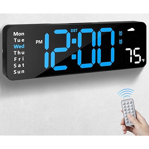 Digital Wall Clock with Remote Control, Large Display Plug in LED Digital Alarm Clocks with 12/24Hr, Date, Week, DST, Timing, Countdown, Temperature for Living Room, Bedroom, Office Wall Decor (Blue)