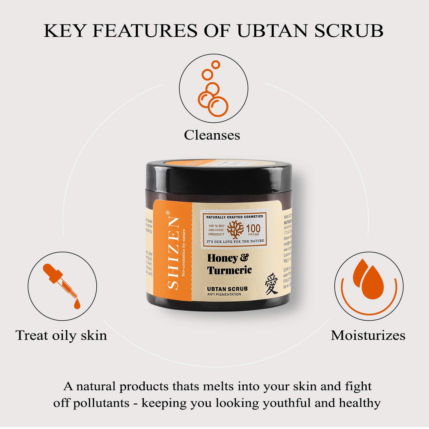 SHIZEN bio-cosmetics by nature Honey & Turmeric Ubtan Scrub For Instant Glow, Radiance, Pigmentation, Blackheads & Tan Removal 100% Organic (3.5 Oz / 100 gm) : Beauty & Personal Care