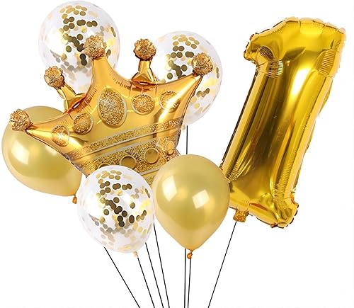 Globos de primer cumpleaños, 7 globos de papel de aluminio con corona, globos dorados de 1 globo dorado de Mylar con el número 1 para niños y niñas
