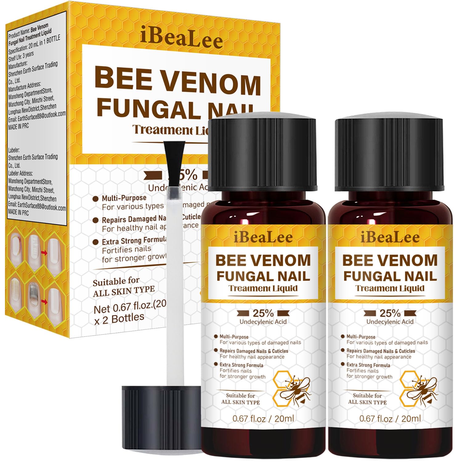 Bee Venom Toenail Treatment Extra Strength, Nail Treatment with 25% Undecylenic Acid, Nail Repair with Tea Tree Oil for Yellow, Thick, Damaged, Discolored Toe Nail & Fingernails-Y03 2 Pack
