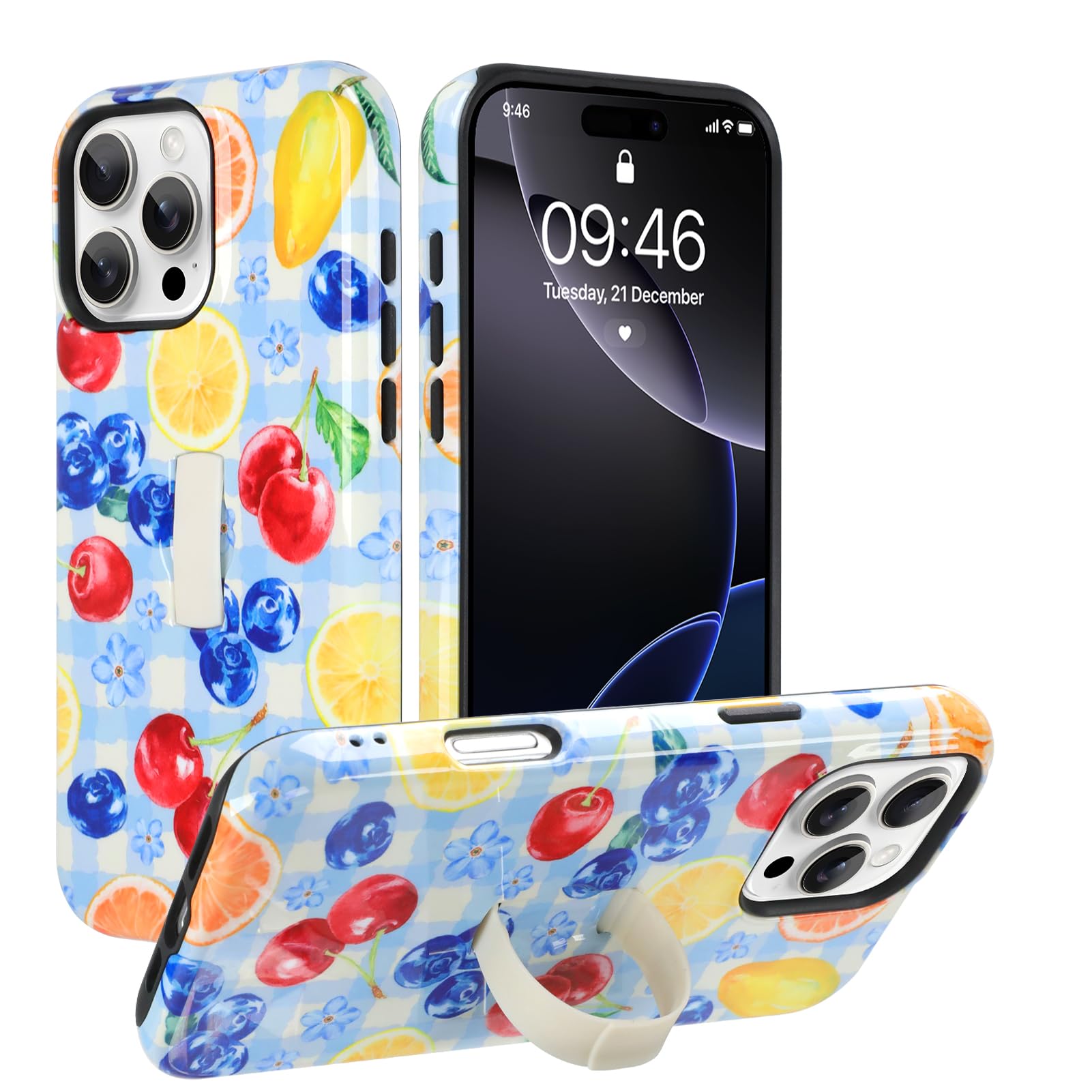 Custodia compatibile con iPhone 16 Pro, grazioso design lucido a scacchi, con cinturino da polso regolabile integrato, supporto per la mano con cavalletto, cover rigida antiurto (blu)