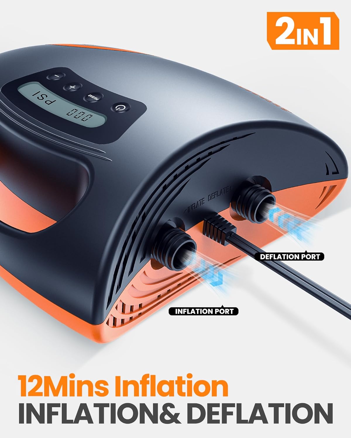 Close-up of the OutdoorMaster Shark II pump showing inflation and deflation ports