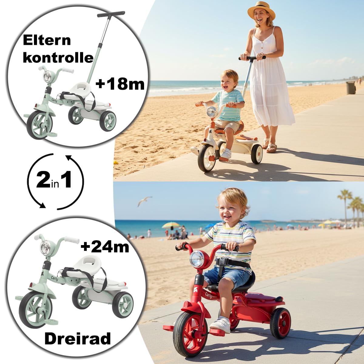 Twinly Evolutionäres Baby-Dreirad, faltbar, für Kinder von 1-5 Jahren, leicht und kompakt, Lenker mit Licht und Sound, Korb und verstellbarer Schiebestange Carly (Minze)