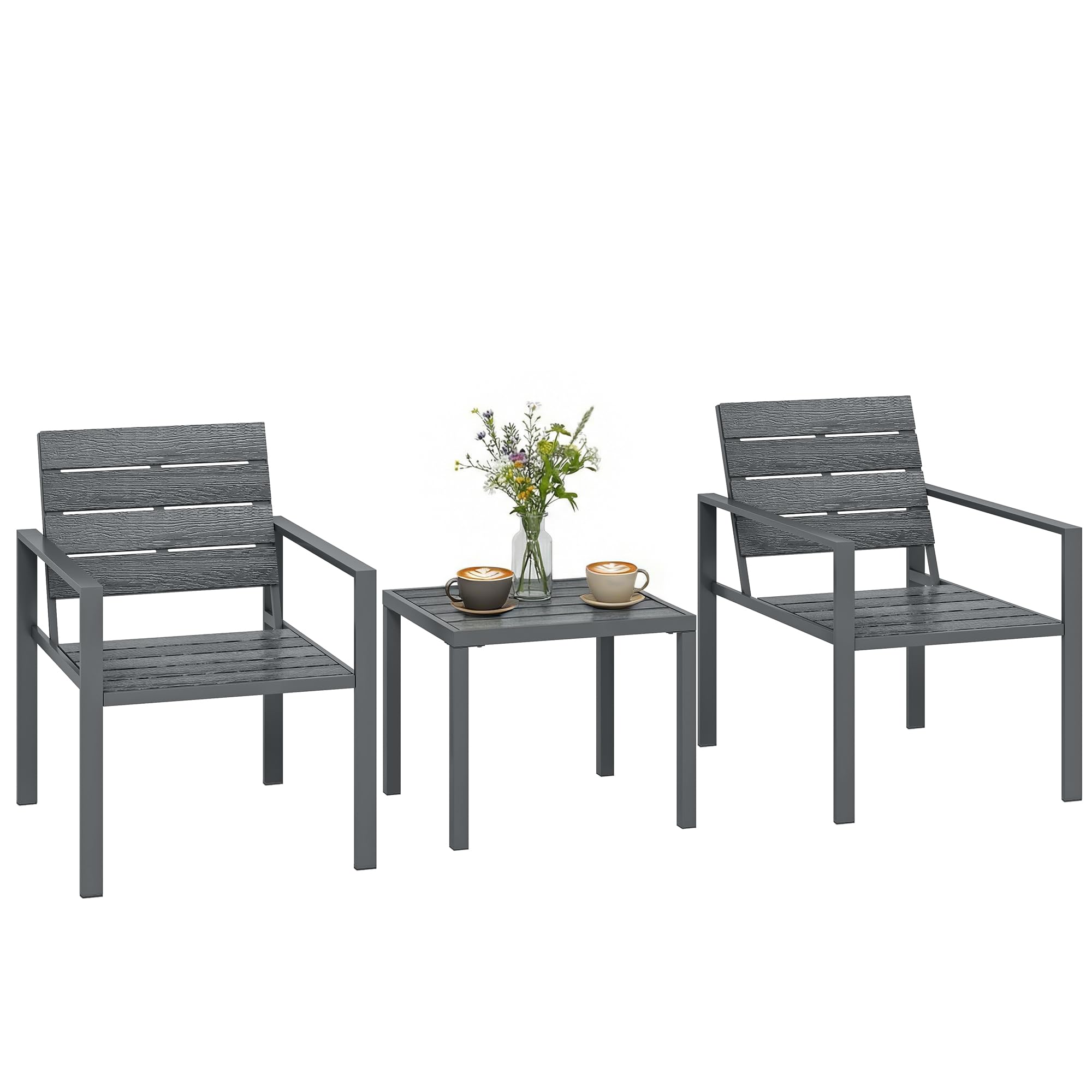 Outsunny Set da Bistrò 3 Pezzi, Set da Giardino in Metallo con Sedie HDPE e Tavolo, Grigio Scuro