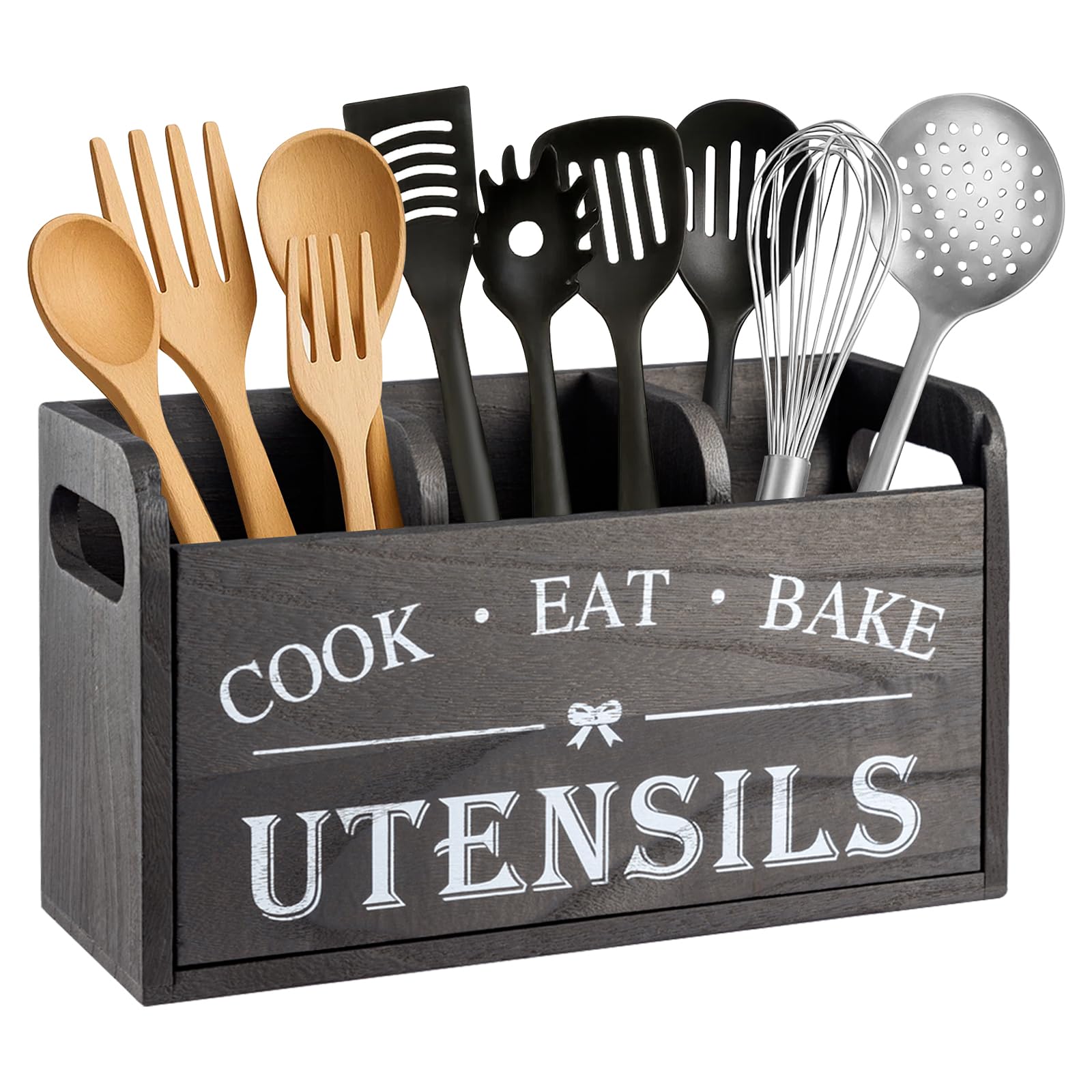M.J COMFY-LIFE Farmhouse Wooden Utensil Holder - Bamboo Cutlery Organizer with Drainage Holes & Side Handles, Kitchen Countertop Storage for Spoons, Spatulas, and Cooking Tools (11"x6") (Black)
