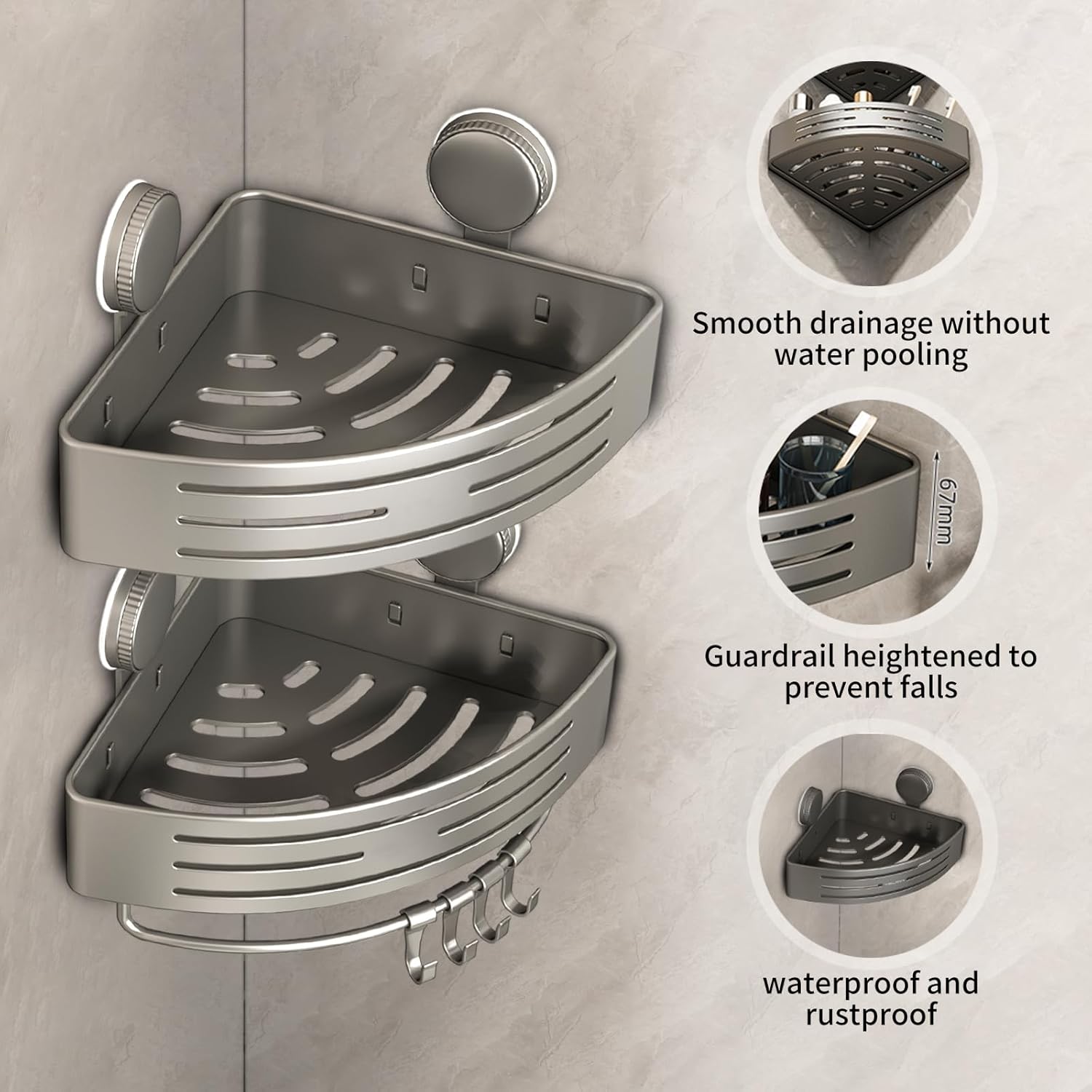 Suction cup shower caddy corner Upgraded Version, no punching,new suction cup shower caddy Aluminiumcomes with 8free hooks,Rust prevention suitable for bathroom and kitchen walls/high-end gray