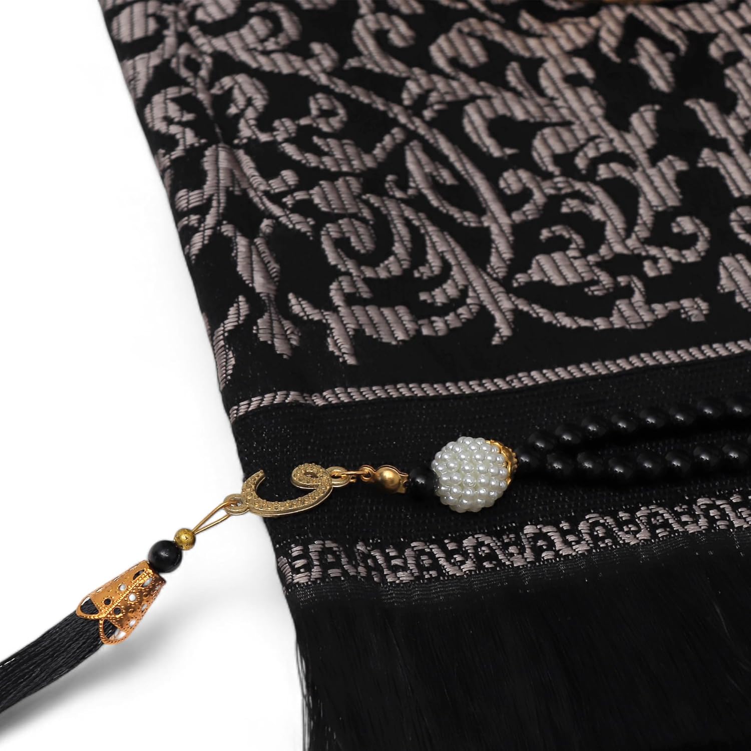 FURKAN Muslim Prayer Rug & Beads Set with Stylish Cylinder Gift Box Janamaz Sajadah Prayer Mat Perfect Islamic Spiritual Gift for Ramadan Islamic, Cylinder Gift Box - Model 2 - Black