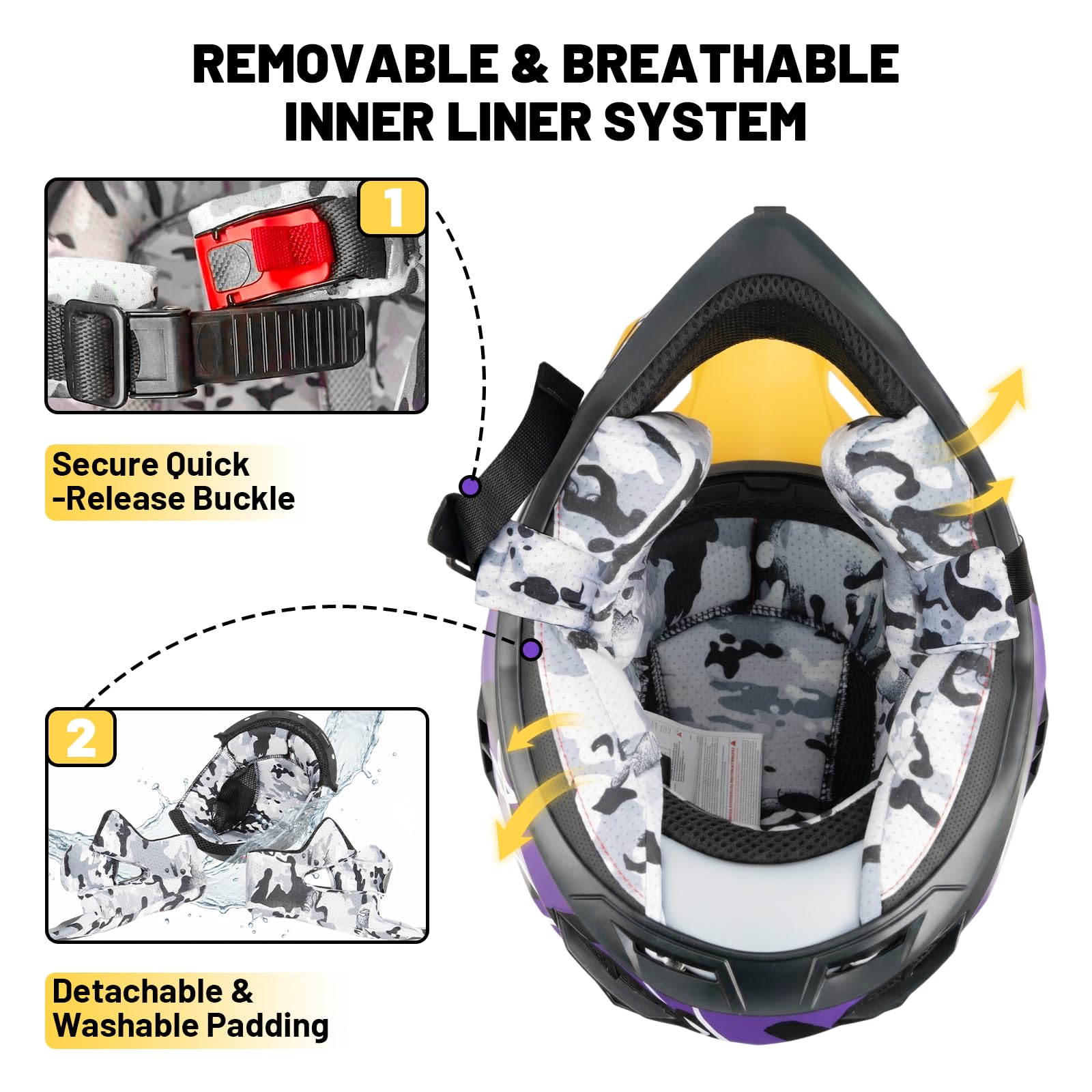 Favoto Casco Motocross Bambino con Occhiali – Protezione Professionale ECE 22.06 per Offroad, Cross e Dirt Bike, Viola-Giallo M (51–52 cm)