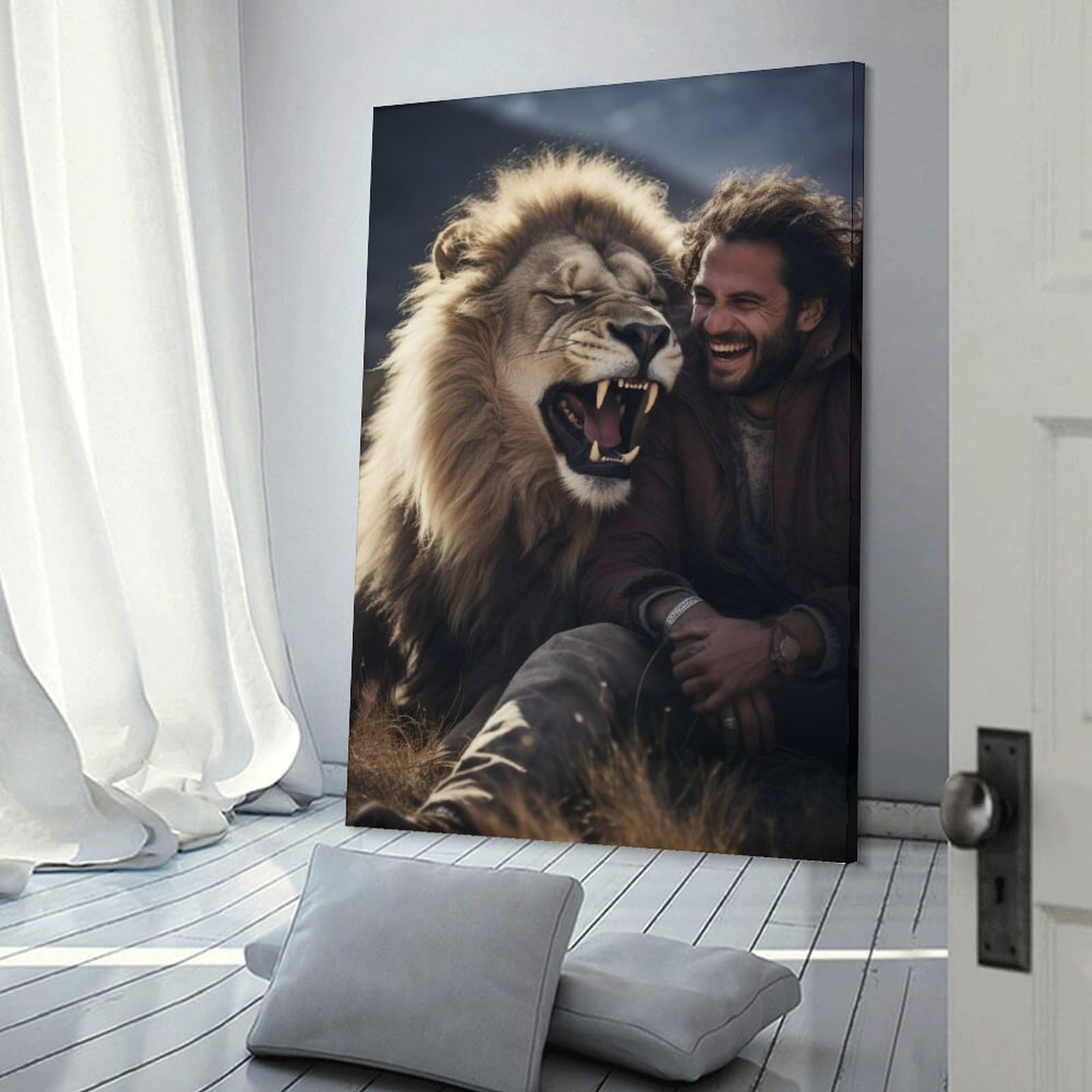 Junmoney Happy Lion Canvas Art Print, 24x36inch(60x90cm), for Home Walls, Creative Rooms Or Shared Spaces, Decorative Artwork with Broad Appeal