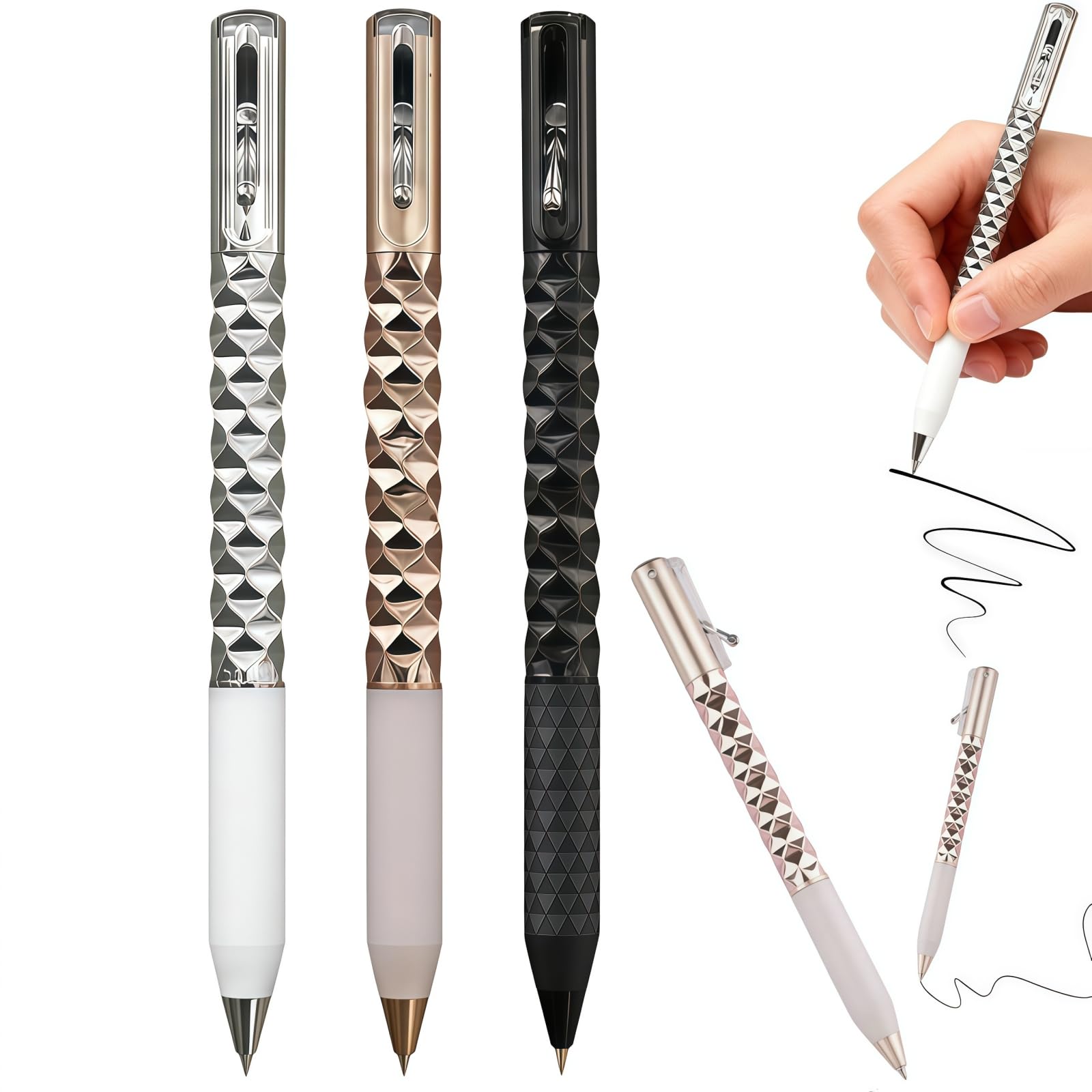 3PCS Metal Crinkle Fidget Pen,Black Gel Pens for Writing,0.5mm Retractable Handwriting Pens with Stylus Tip,Stylus Pen,Personalised Pen,Suitable for School and Office,Stress Relief Office Supplies