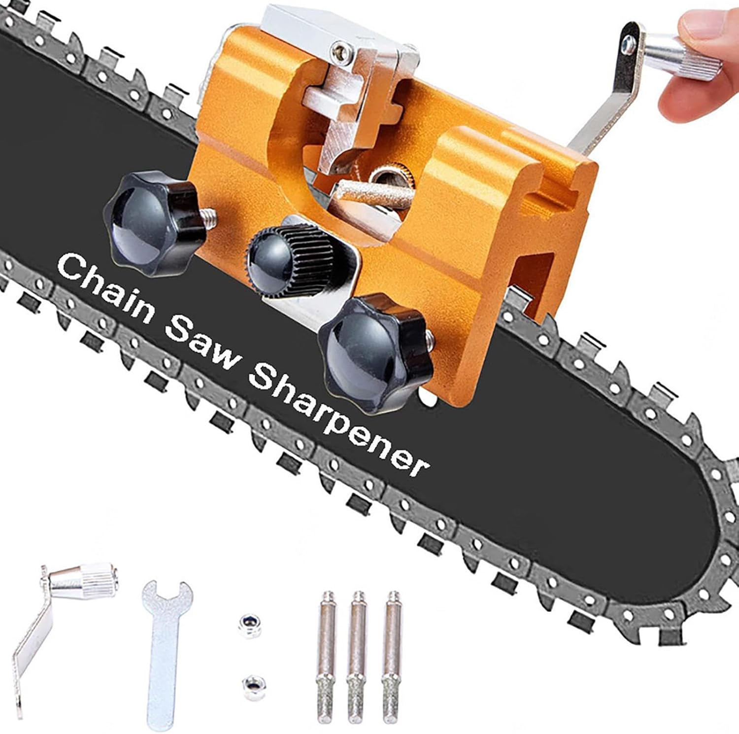 Chainsaw Sharpener Jig Bits Chain Saw Sharpening Kits Portable Chain Saw Sharpener Hand-Crank Sharpener 3 Grinding Heads for All Kinds of Chain Saws Shaperener