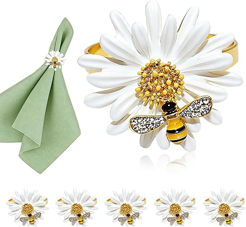 Miniatura 10 de Juego de 8 servilleteros de flores, servilleteros de abeja, girasol, servilleteros florales amarillos para decoración de bodas de verano, hebillas