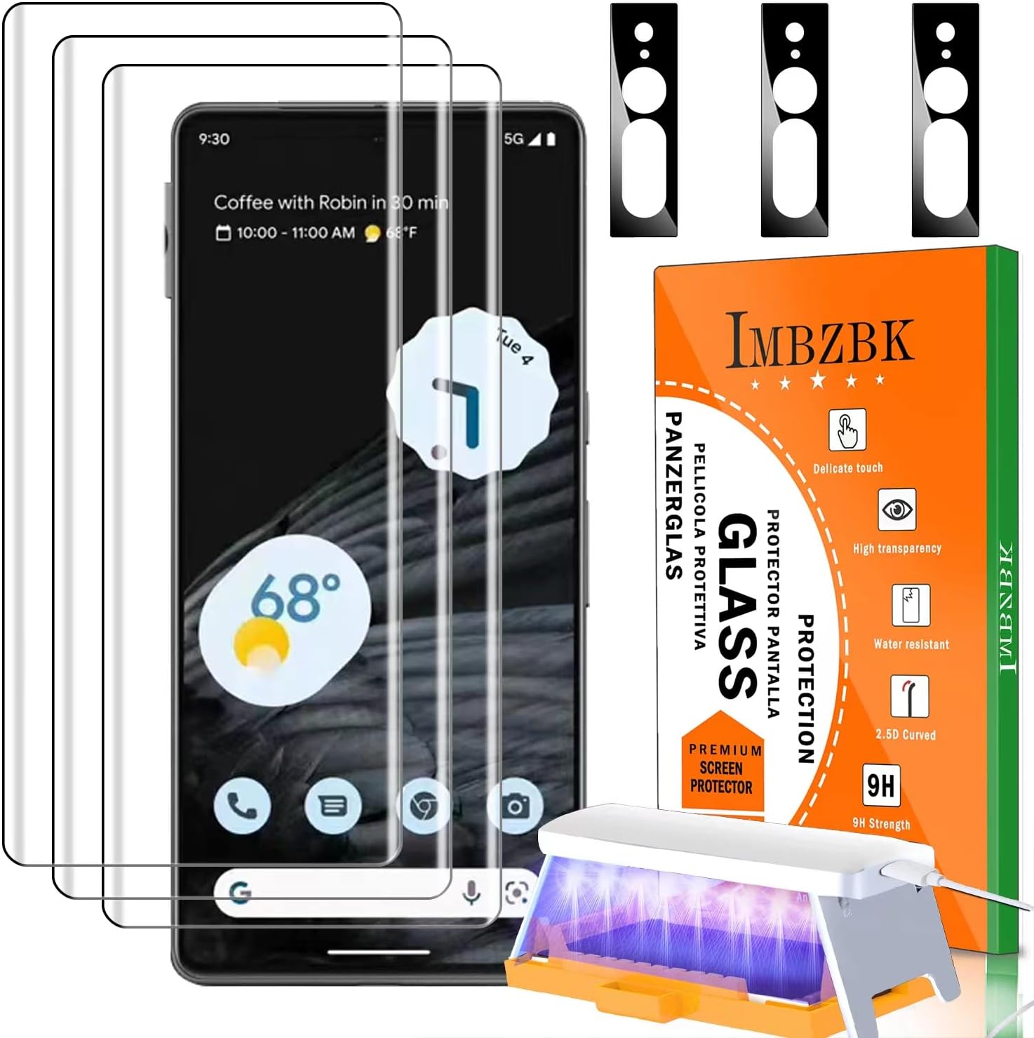 IMBZBK [3+3 Pack UV for Google Pixel 7 Pro 5G Screen Protector Tempered Glass Accessories 3 Pack UV Glass with 3 Pack Camera Lens Protector support fingerprint Reader Case friendly