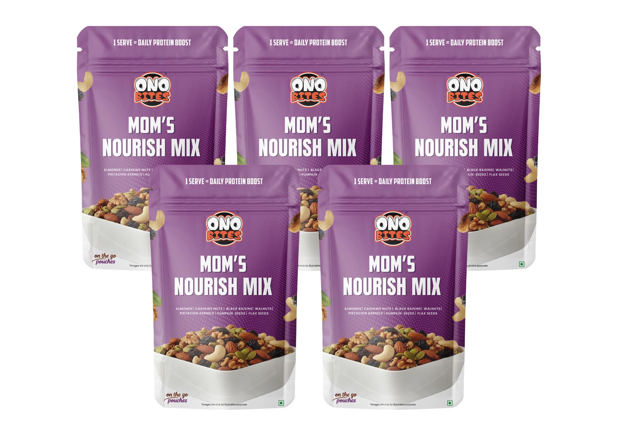 ONO BITES Mom’s Nourish Mix, On the go pouches 50g x 5 (250g Total) – Almonds, Cashews, Black Raisins, Walnuts, Pistachios, Pumpkin & Flax Seeds, High-Protein Heart-Healthy Snack with Vitamin E & No Preservatives-image-9