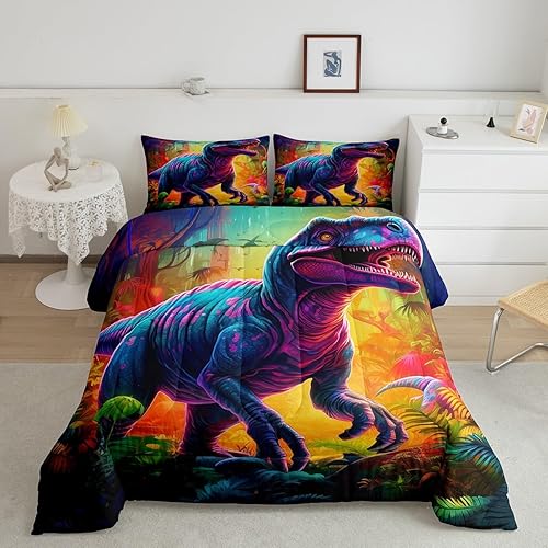 Miniatura 8 de Erosebridal Juego de ropa de cama de dinosaurio para niños, juego de edredón de arcoíris para niñas, juego de edredón de flores coloridas, juegos de