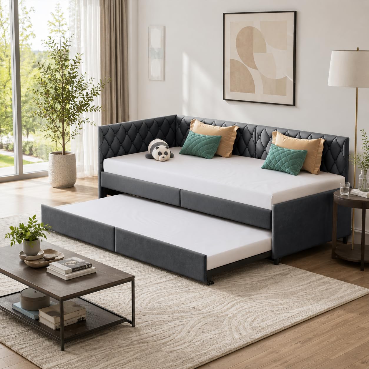 Tagesbett 90x200 cm mit Ausziehbett, Schlafsofa mit 2 Einzelbetten und Lattenrost, platzsparendes Gästebett für Jugendzimmer und Gästezimmer, Grau, Samt.