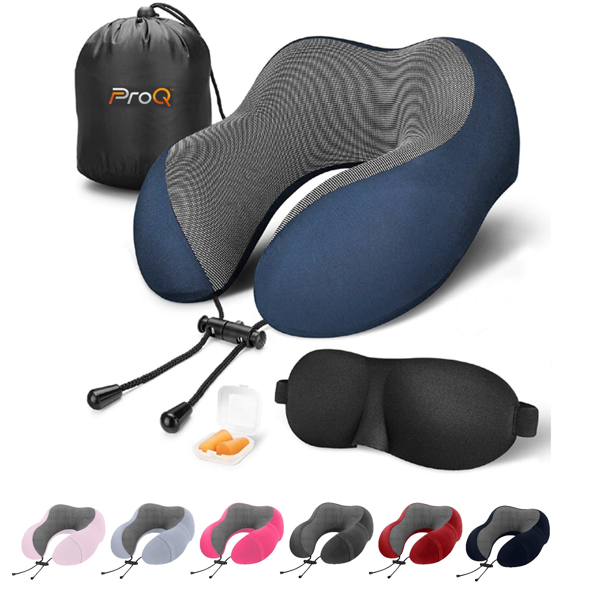 ProQ Neck Pillow for Travelling - Travel Pillow for Flights - Memory Foam Neck Pillow - Travel Neck Rest Pillows - Traveling Pillow for Men, Women Travelling Accessories, Lightweight, Portable, Blue