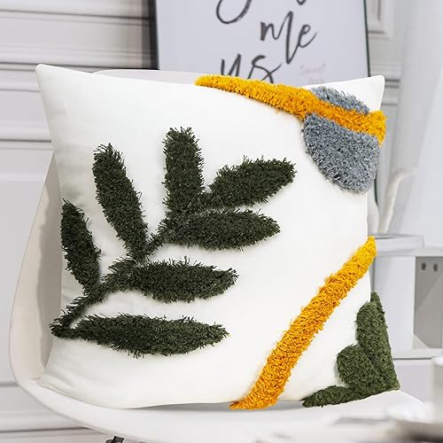 Fundas de almohada bohemias de 18 x 18 pulgadas, fundas de almohada decorativas con diseño de hojas de mediados de siglo, con diseño de plantas