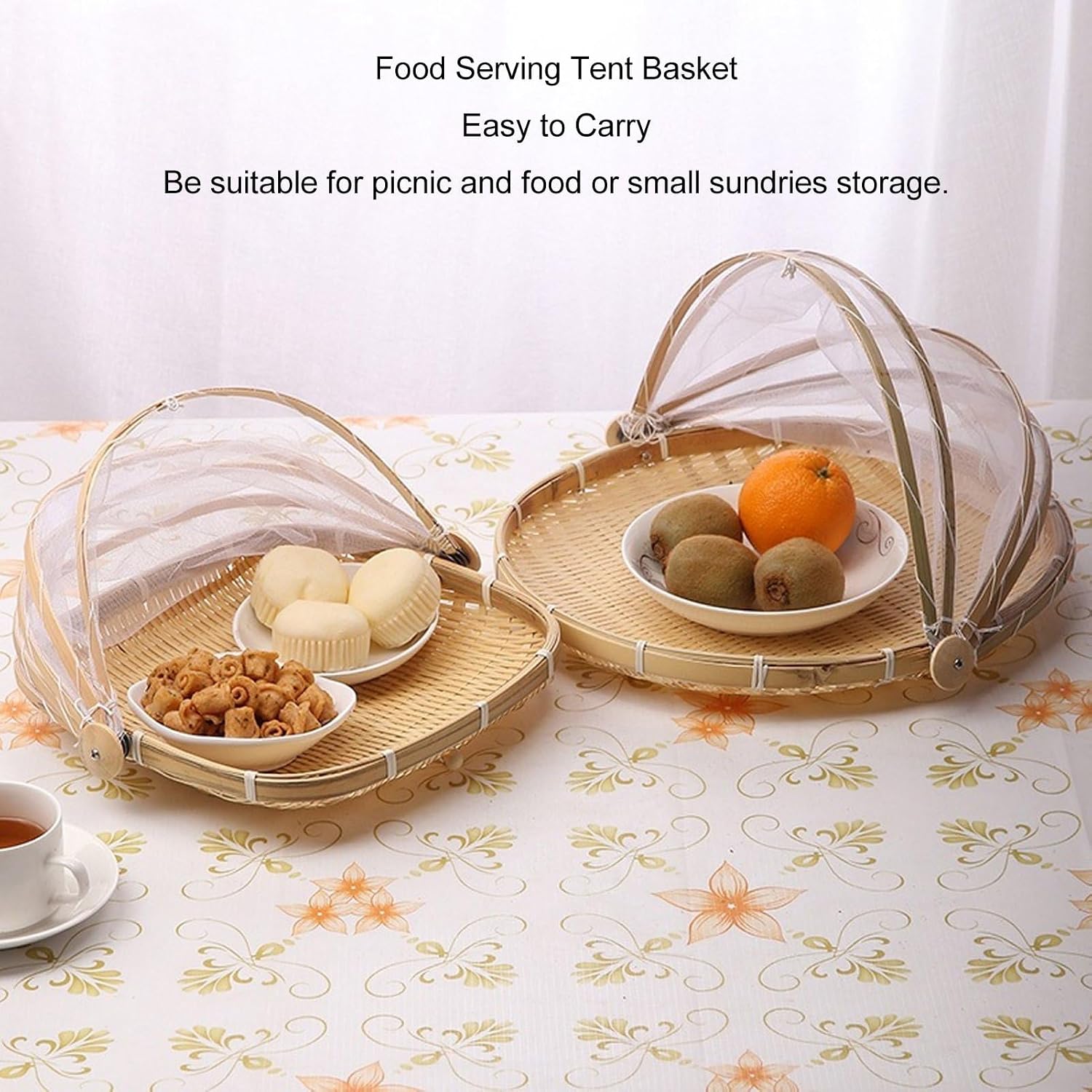Respicefinem Two Pieces Food Serving Basket with Transparent Mesh Cover Portable for Outdoor Picnics and Food Storage Multipurpose Natural Container (Round)