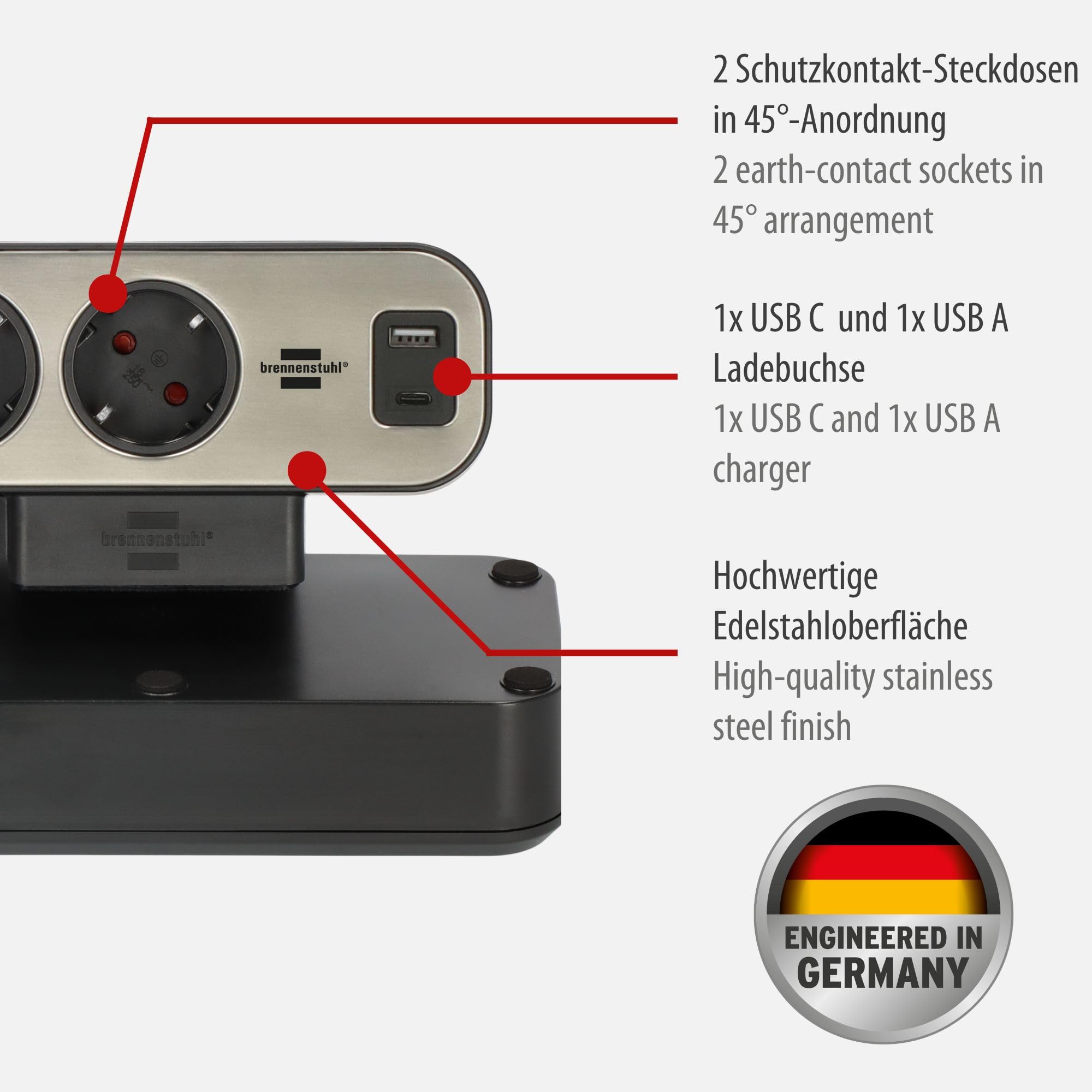 Brennenstuhl estilo Duplex Tischsteckdosenleiste 2m, 1x USB C, 1x USB A, 10x Schutzkontakt-Steckdosen, silber/schwarz