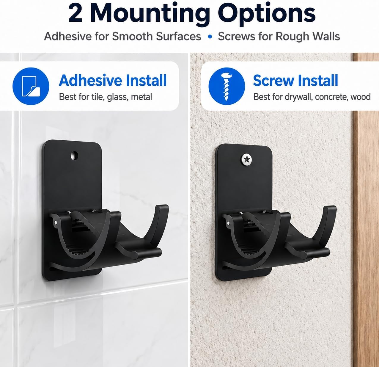 No Drill Curtain Rod Brackets 8 Pack, 20LB Heavy Duty Self Adhesive Renter Friendly Curtain Rod Holders, Curtain Rods No Drilling Black Fits 0.55-1.2 in, Apartment Dorm Bathroom RV Over Blinds