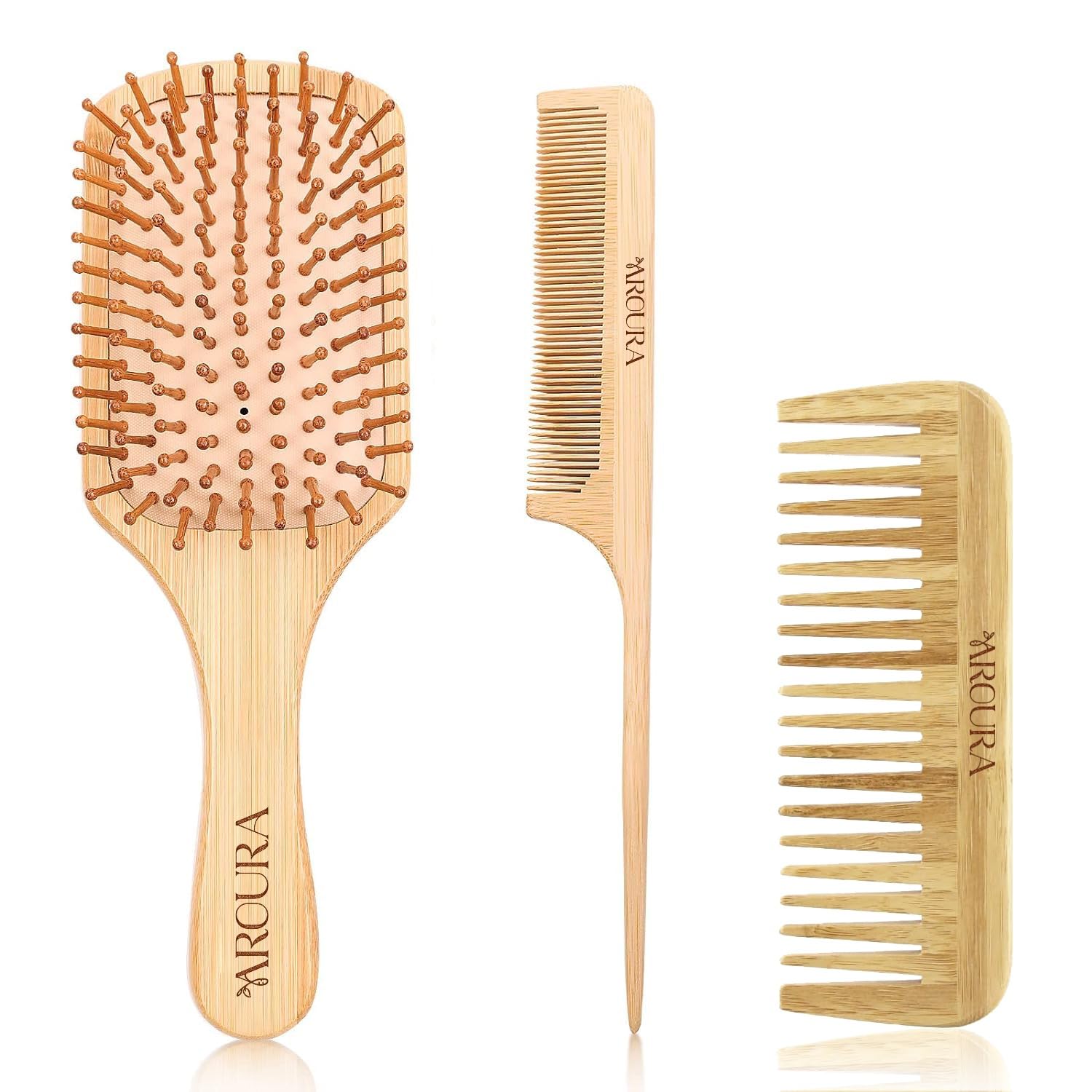Aroura Premium Bamboo Comb Set: Wooden Massage Hair Brush & Wide Tooth Comb, Perfect for Grooming Women, Men, and Kids - Scalp Massage Comb, 3-Piece Set