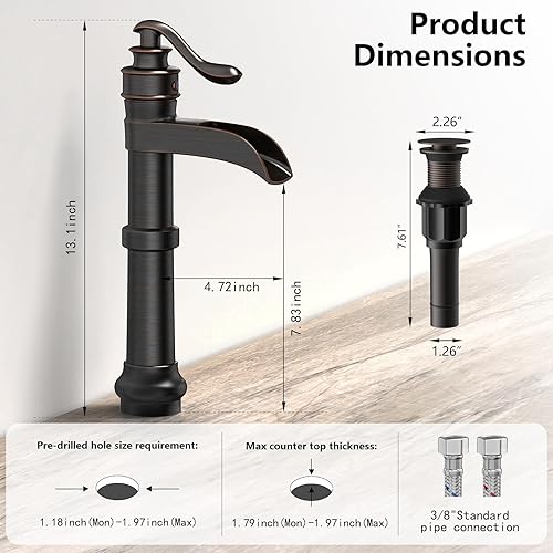 Miniatura 2 de Grifo de fregadero de recipiente, grifo de baño negro de bronce aceitado, grifo de fregadero de cascada de granja de un solo orificio con montaje de