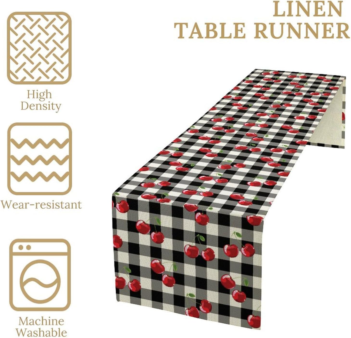 Fruit Cherry Table Runner Black and White Country Farmhouse Vintage Dining Table Decoration for Kitchen Dining Room Holiday Party Decor 13x120in