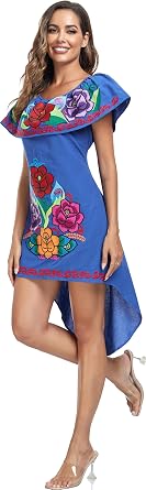 YZXDORWJ Women's Mexican Asymmetrical Dress Embroidered Floral Off-Shoulder Cocktail Latina Fiesta Dress