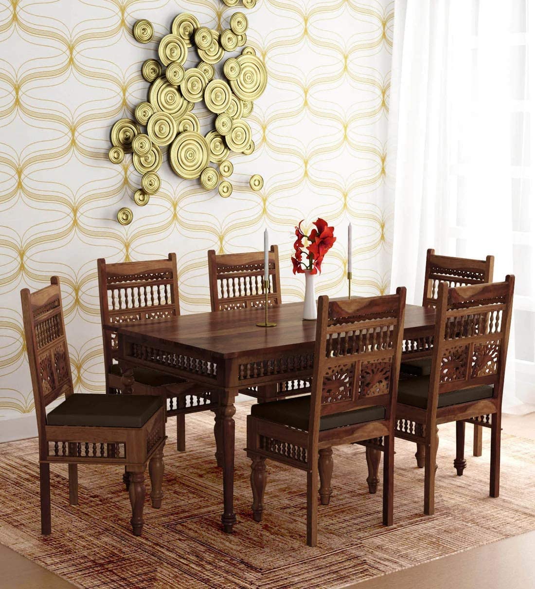 Sheesham Wood 6 Seater Traditional-Style Solid Wooden Dining Room Table Set with Chairs-image-29