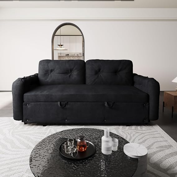 66.2 Queen Pull Out Sleeper Bed Couch, Velvet Upholstery Hydraulic Convertible Hideaway Bed Sofa with Storage Armrests & 2 Button Tufted Cushioned Pillows for Limited Space Living Room