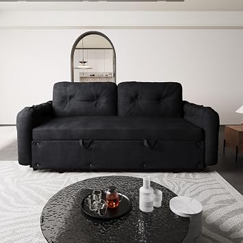 66.2 Queen Pull Out Sleeper Bed Couch, Velvet Upholstery Hydraulic Convertible Hideaway Bed Sofa with Storage Armrests & 2 Button Tufted Cushioned Pillows for Limited Space Living Room