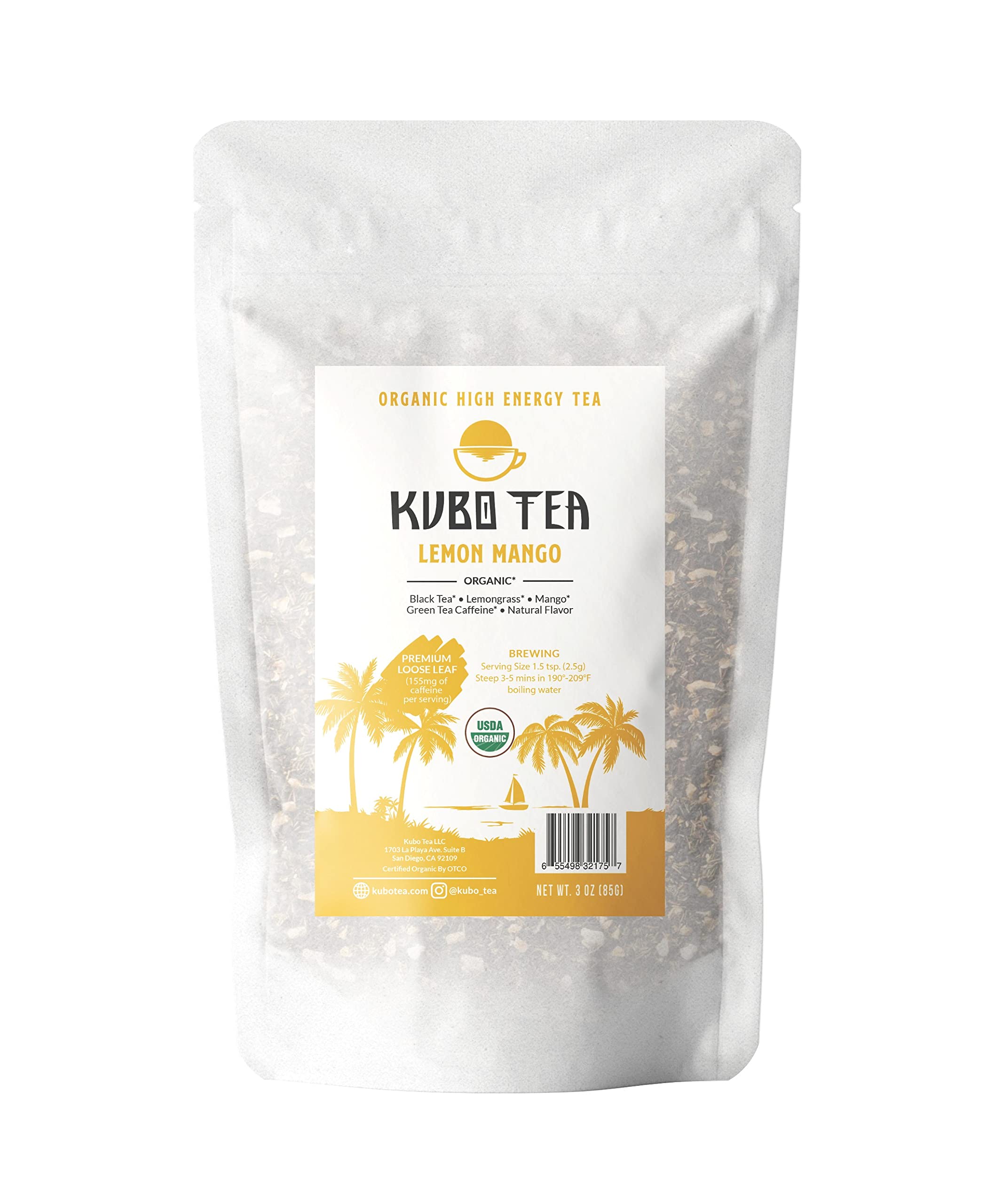 Kubo TeaLoose Leaf Tea | Brew Hot or Iced Tea | Healthy Coffee Substitute | Organic High Energy Hot Tea, Premium High Caffeine Blend, 155mg Caffeine per Serving | Lemon Mango Black Tea, 3 oz