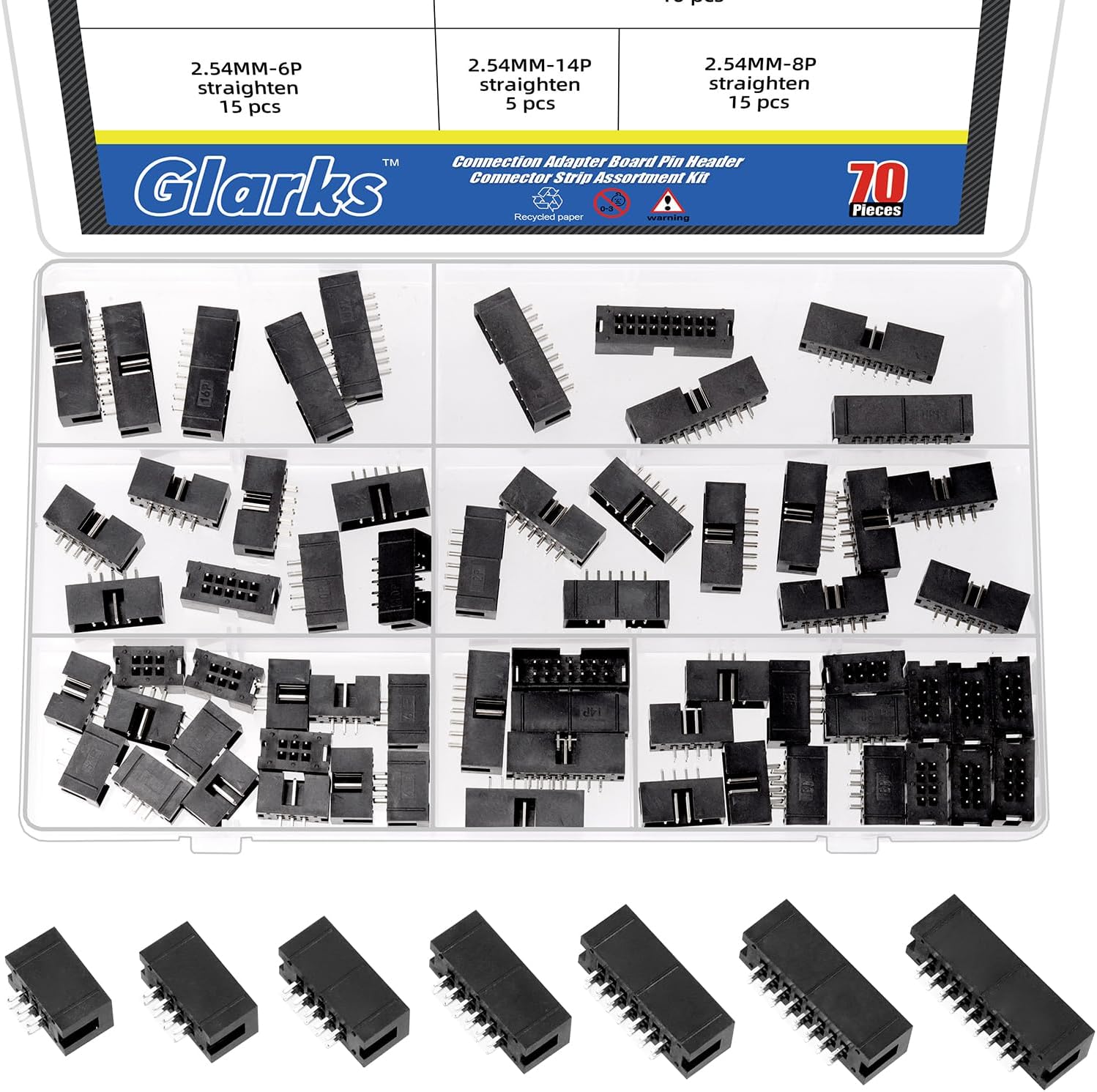 Glarks 70pcs 6/8/10/12/14/16/18 Pin 2.54mm Pitch Dual Row Straight Box Header Kit, 7 Sizes IDC Socket Connector, IDC Box Headers, Dual Pin Box Headers for PCB Electronic Equipment Projects