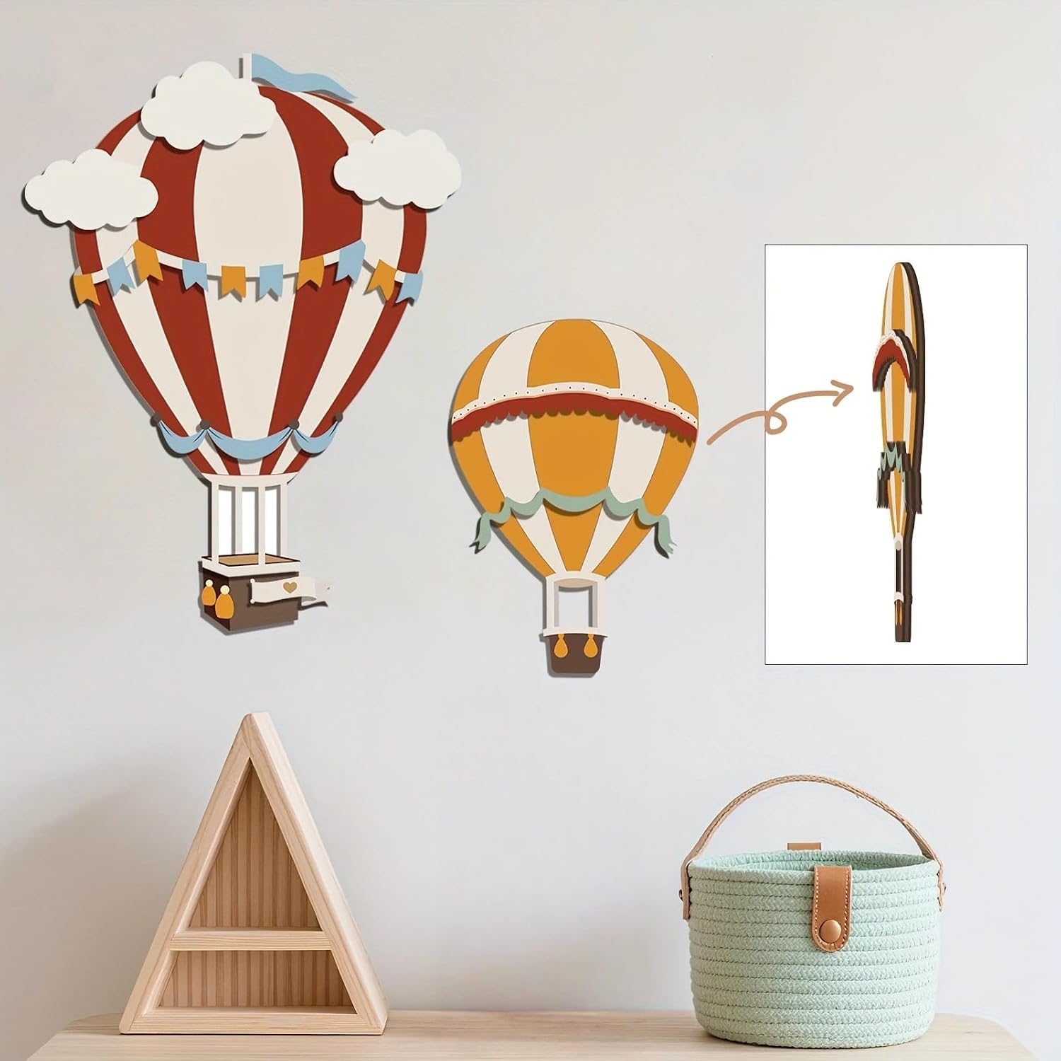 3 Pcs Hot Air Balloon Wall Decor with Cloud, Nursery Wall Decor, Boho Wooden Dreamy Themed Wall Sculptures for Living Room Bedroom Hallway Home (Multicolor)