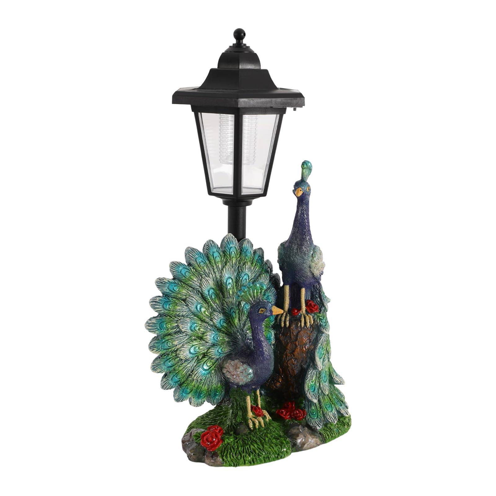 Lámpara solar de jardín decorativa con dos pavos reales, IP44, luz cálida