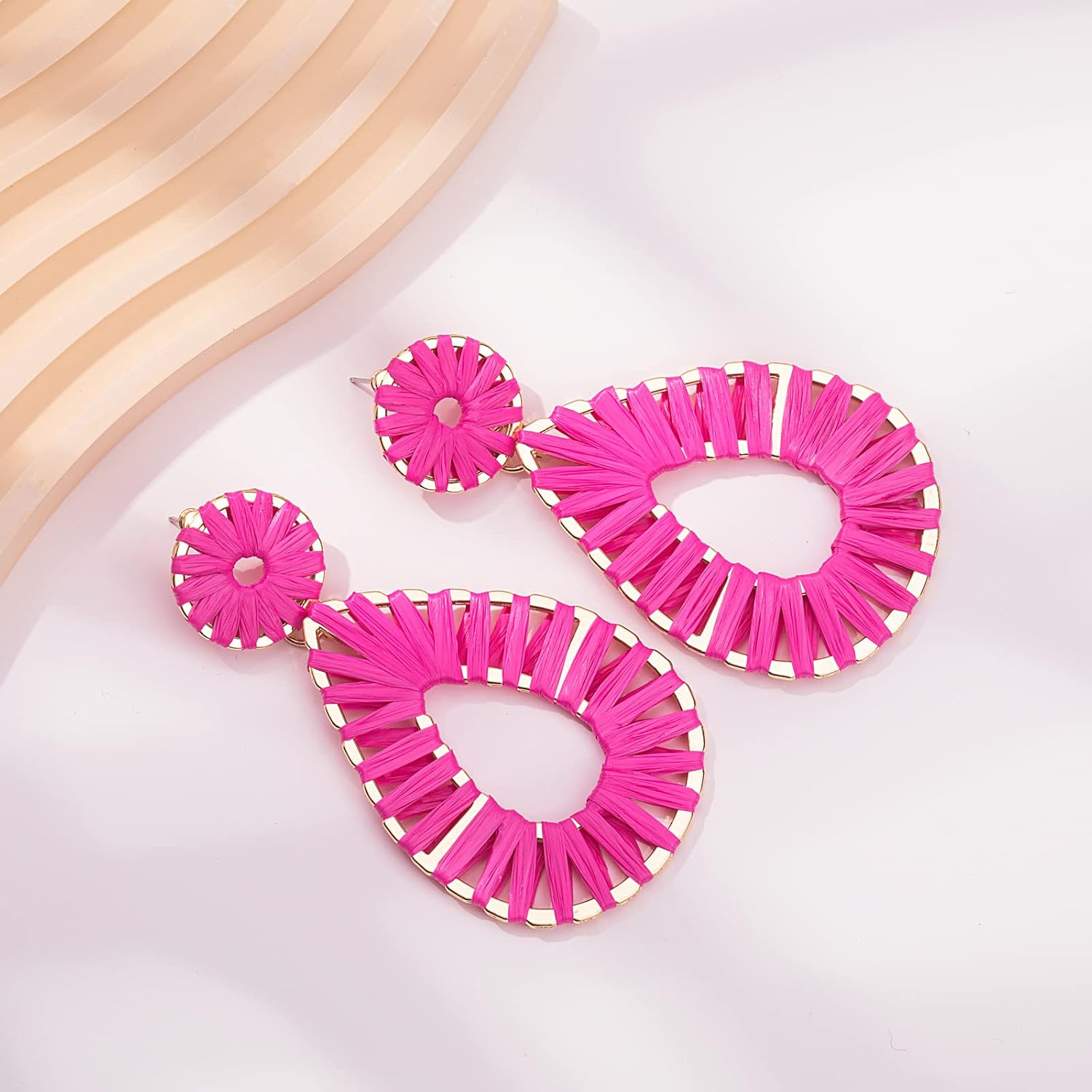 Boho Raffia Earrings Statement Teardrop Earrings Drop Dangle Bohemian Earrings for Women Cute Handmade Earring - Image 4