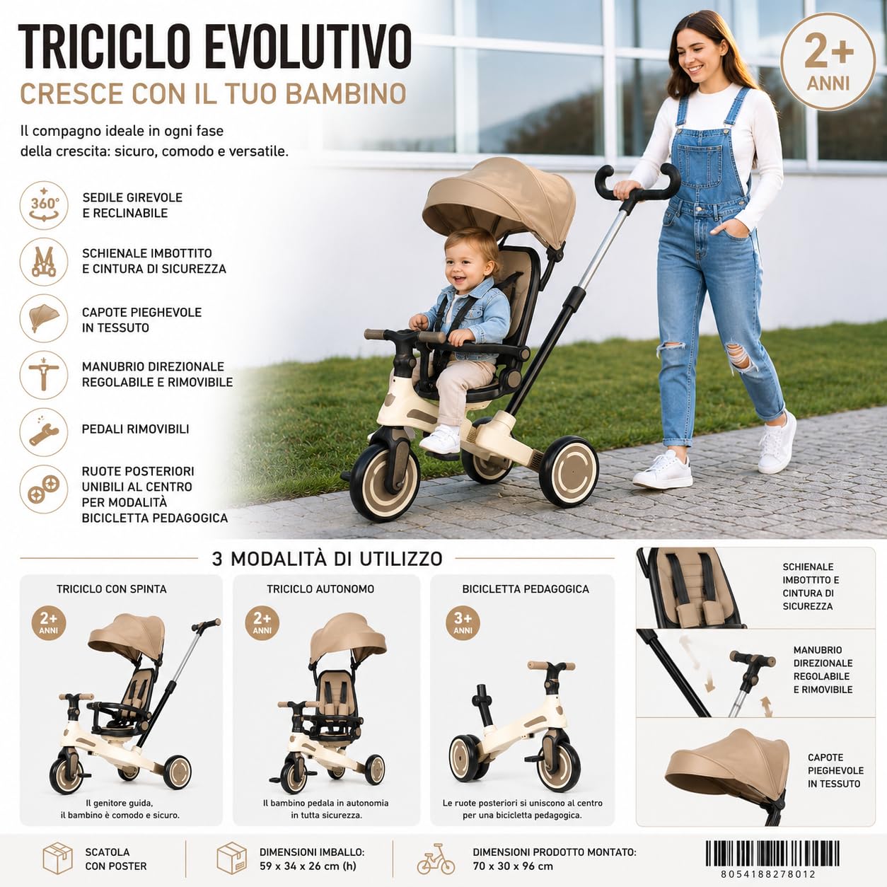 Triciclo Pieghevole per Bambini 1-4 Anni con Manubrio per Genitori - Bicicletta Evolutiva fino a 20kg - Monopattino Bambino Regolabile con Struttura Ergonomica, Beige (Premium)