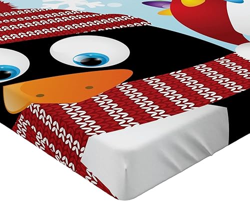 Miniatura 3 de Lunarable Christmas Fitted Sheet Set, Penguins Wishing Happy Xmas Snowflake Background Arctic Animals Print, Bed Cover with All-Round Elastic Deep