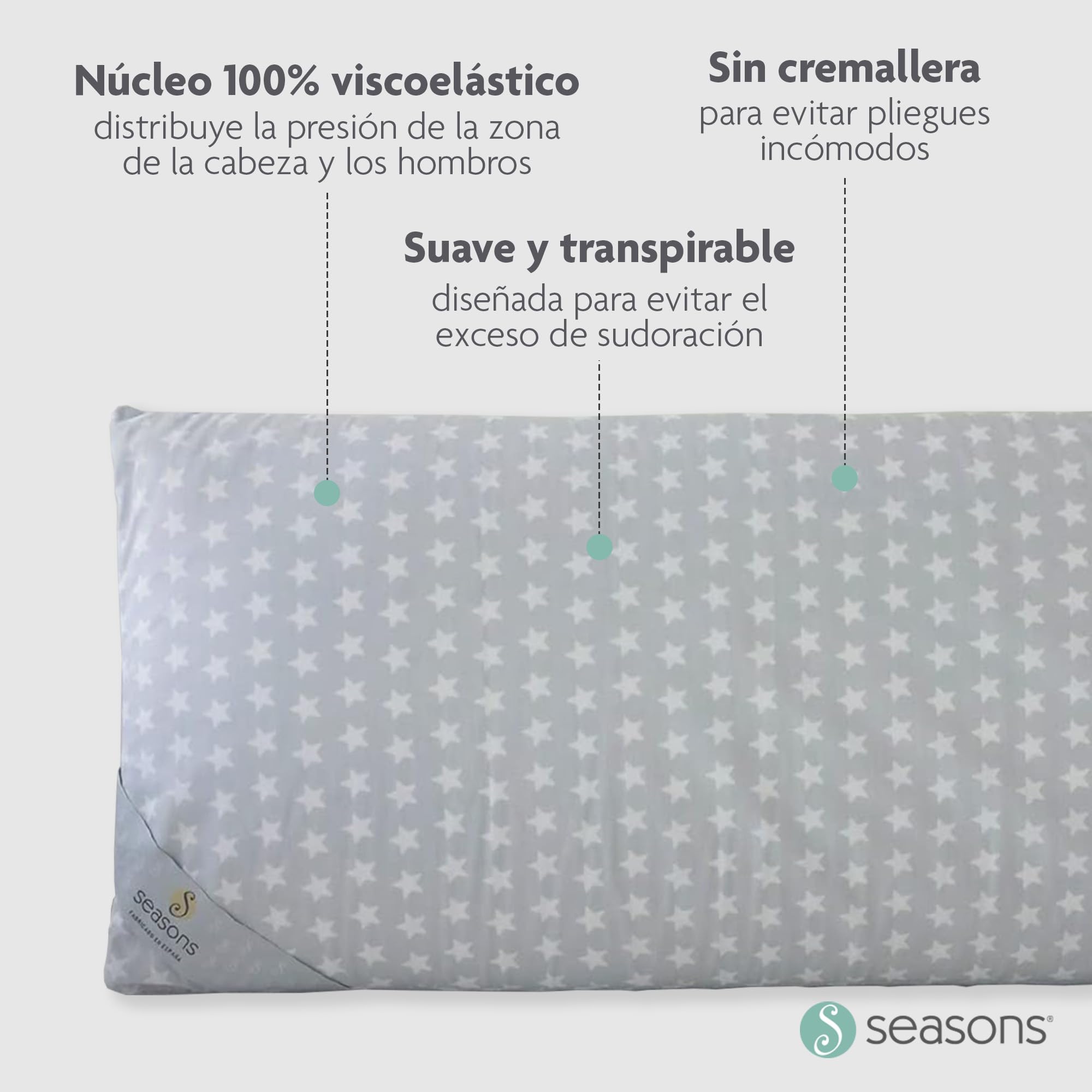 SEASONS - Almohada Viscoelástica 90 cm para Niños, Doble Funda con Cremallera, Almohada Baja de 9 cm, Transpirable, Tejido Exterior con Estrellas, Fabricado en España