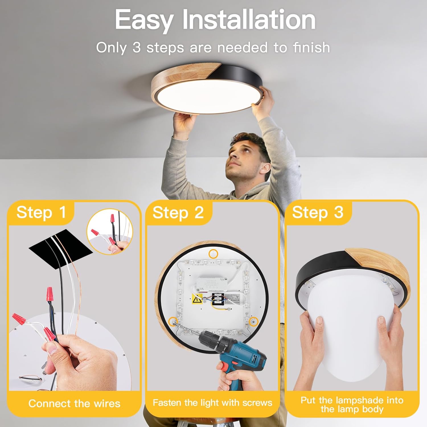 Modern Flush Mount Ceiling Light, Wood Ceiling Light Fixture, Natural White 4500K Not Dimmable, Minimalist Ceiling Lamp with Acrylic Lampshade for Bedroom, Living Room, Hallway(Black, 11.8")
