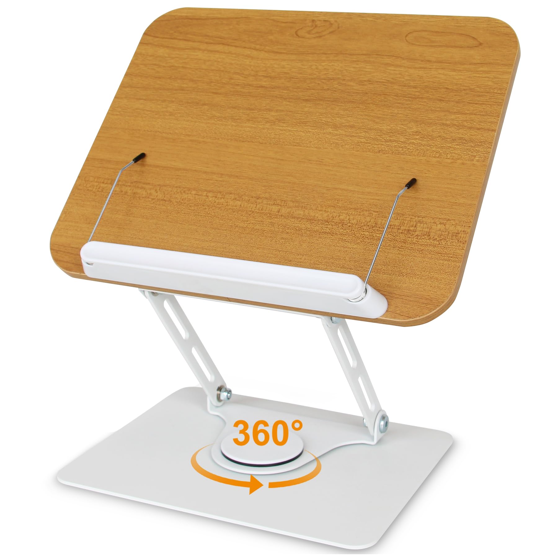 Book Stand for Reading Cookbook Stand Oak Book Holder with 360° Rotating Base Page Clips Book Display Stand for Recipe Book, Cookbook, Sheet Music, Laptop, Drawing Tablet