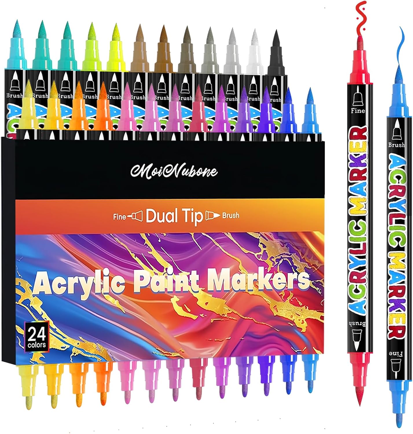 24 Colors Dual Tip Acrylic Paint Markers, Premium Acrylic Marker Paint Pens for Rock Painting, Canvas, Stone, Wood, Glass, Coloring, Easter Basket Stuffers, DIY Crafts & Art Supplies