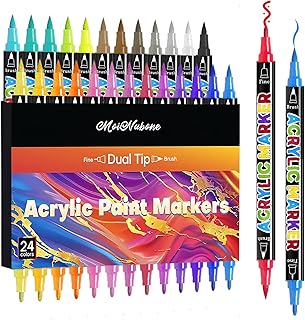 24 Colors Dual Tip Acrylic Paint Markers, Premium Acrylic Marker Paint Pens for Rock Painting, Canvas, Stone, Wood, Glass, Coloring Book & DIY Crafts & Art Supplies