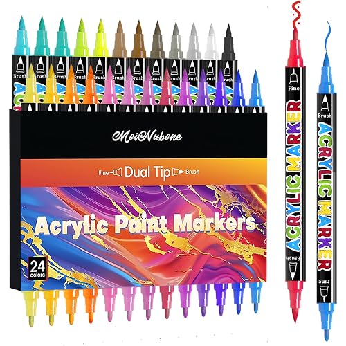 24 Colors Dual Tip Acrylic Paint Markers, Premium Acrylic Marker Paint Pens for Rock Painting, Canvas, Stone, Wood, Glass, Coloring, Easter Basket Stuffers, DIY Crafts & Art Supplies
