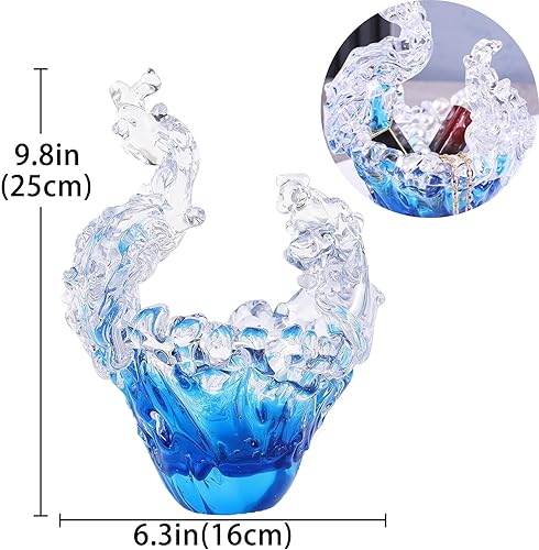 Miniatura 3 de Escultura de almacenamiento de ondas oceánicas de vidrio funcional, azul y transparente, soplado a mano, 9.8 pulgadas de alto, decoración náutica