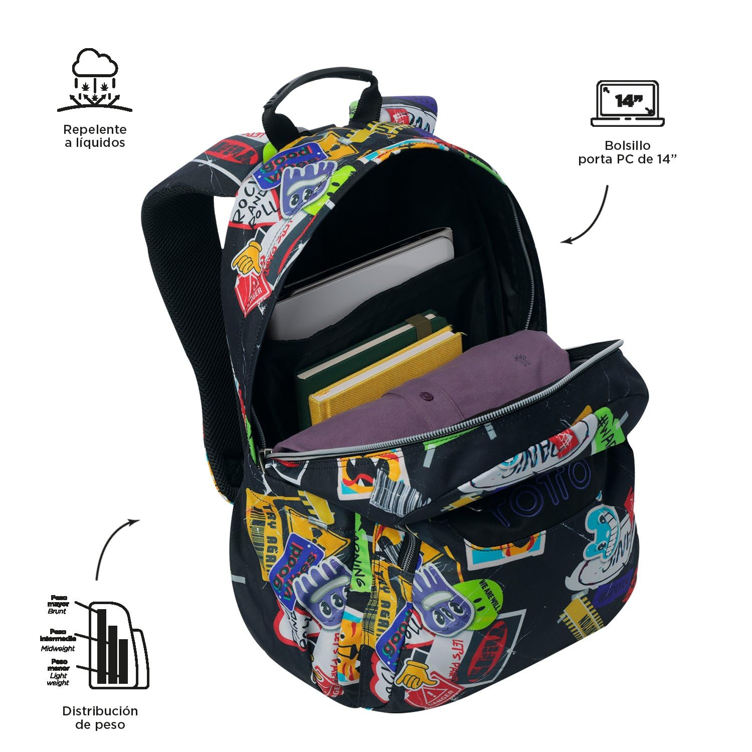 TOTTO - Mochila Escolar Adaptable a Carro, Modelo Acuareles, Capacidad 20 L, Bolsillo para Pc 14", 2 Bolsillo Botella, Espaldar Ergonómico con Flujo de Aire, Cómodas Correas en S, Estampado Sticky