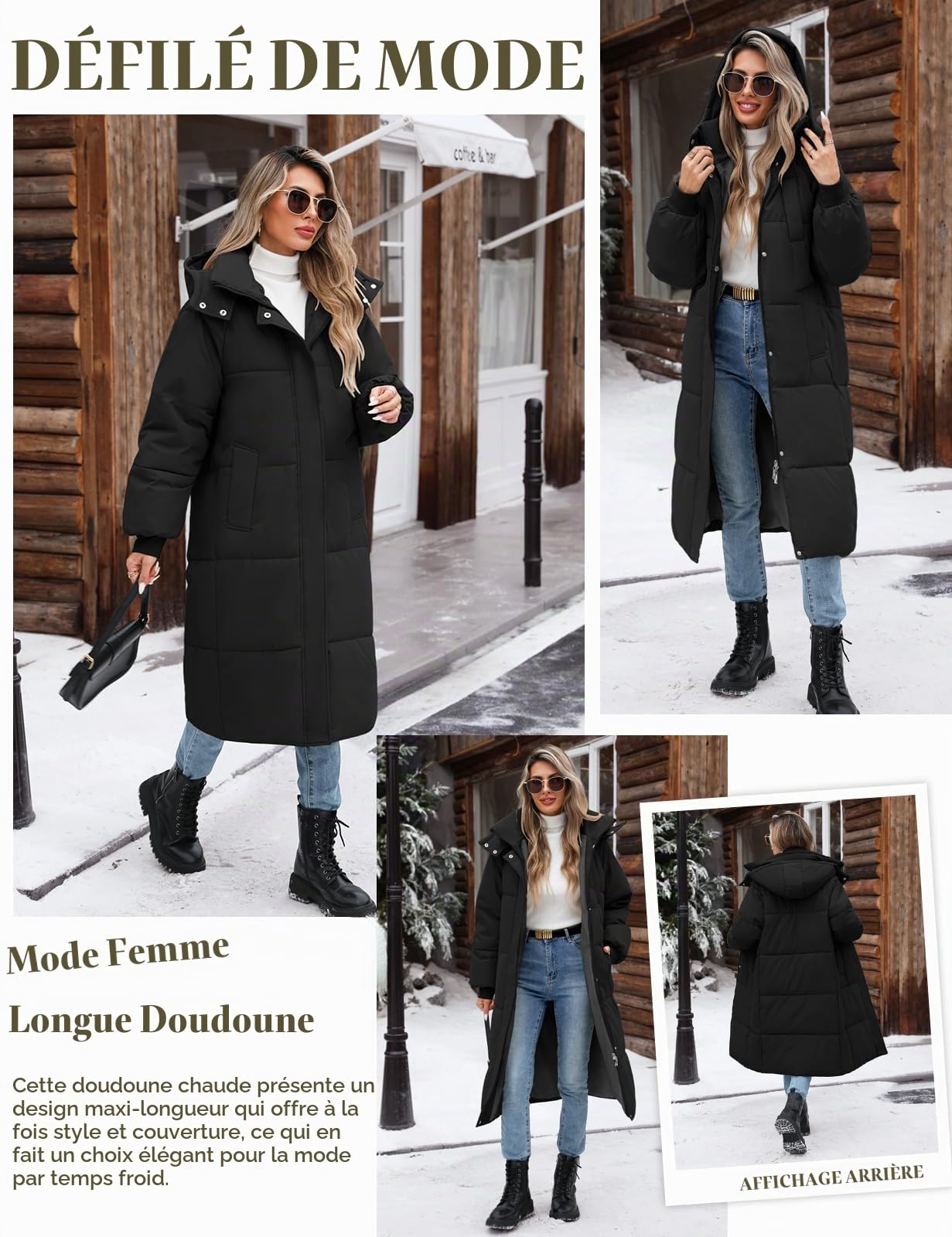 Manteau Femme Hiver Longue Doudoune Chaud Veste Matelassée Blouson Zippé Manteaux à Capuche Parka Long Jacket Casual Outercoat avec Poches