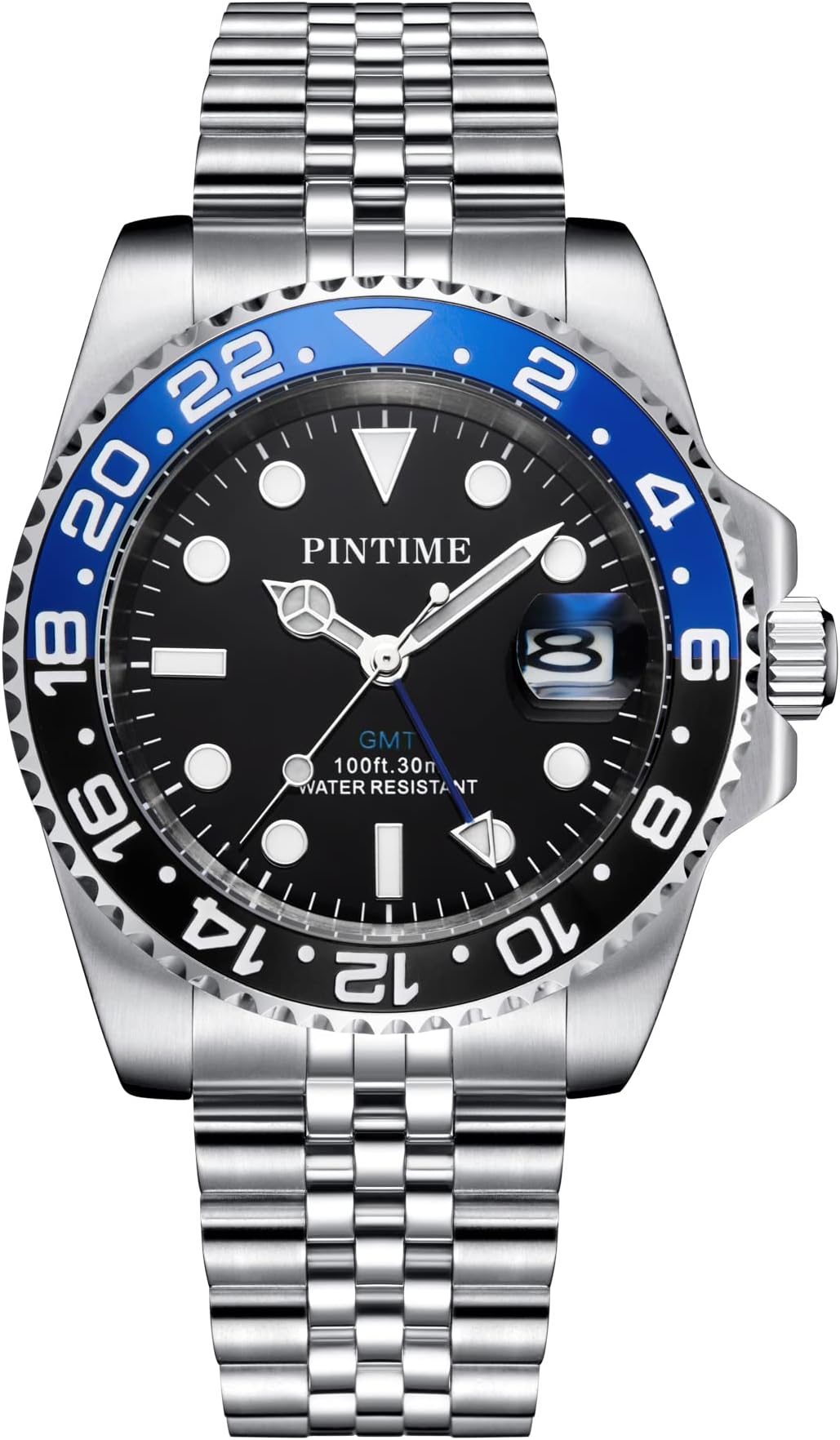 DROCUAMGOYA Men Classical Watch Stainless Steel GMT Wristwatch Jubilee Bracelet Ceramic Bezel Quartz Analog Watch for Men, Waterproof Luminous Dial, blue black, Analog Watch